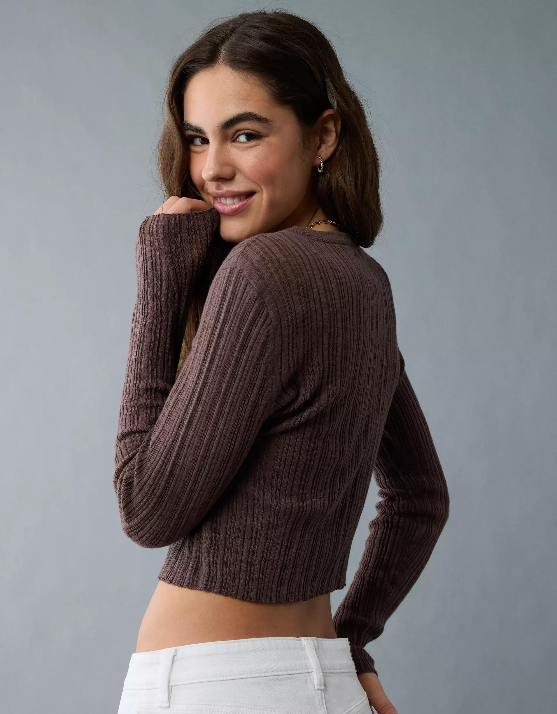 AE Ribbed Crew Neck Cardigan Product Image