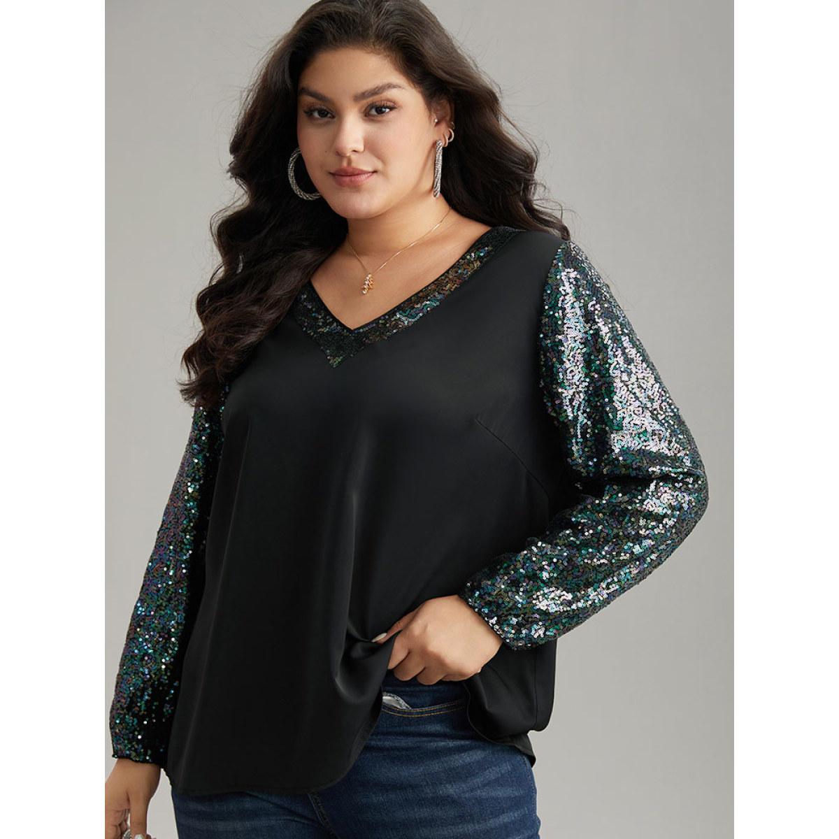 Plus Size Black Sequin Patchwork V Neck Blouse Women Glamour Long Sleeve V-neck Going out Blouses BloomChic 10/M Product Image
