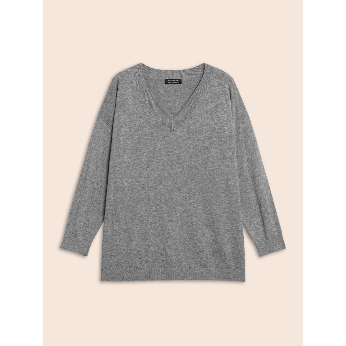 Plus Size Supersoft Drop Shoulder V-Neck Top Mediumgray Women Casual Long Sleeve V-neck Everyday Pullovers BloomChic 30/6X Product Image