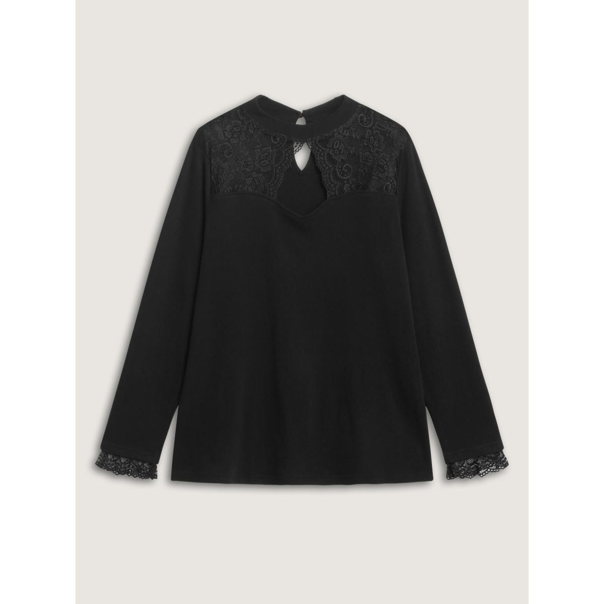 Plus Size Sheer Lace Trim Mock Neck Ribbed T-Shirt Black Women Timeless Stand-up collar Elegant T-shirts BloomChic 12/L Product Image