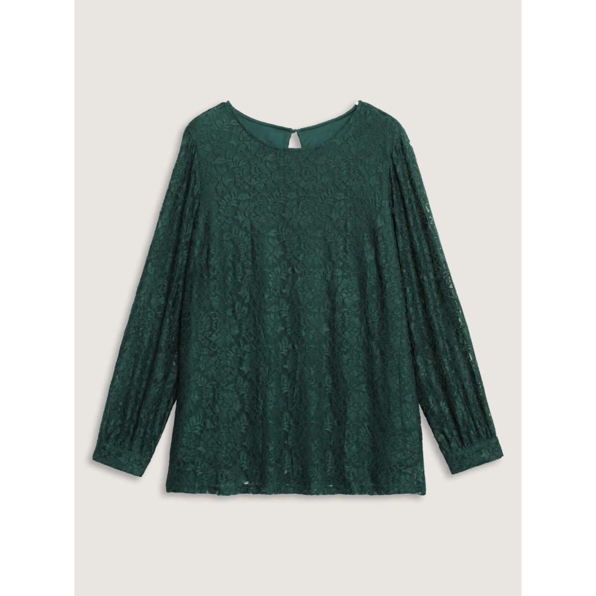 Plus Size DarkGreen Solid Crochet Lace Mesh Crew Neck Blouse Women Timeless Long Sleeve Round Neck Elegant Blouses BloomChic 14-16/1X Product Image