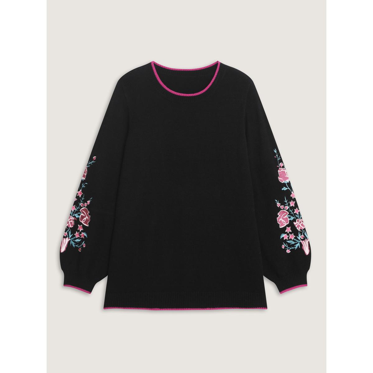 Plus Size Embroidered Sleeve Contrast Trim Pullover Black Women Leisure Loose Long Sleeve Round Neck Casual Pullovers BloomChic 30/6X Product Image