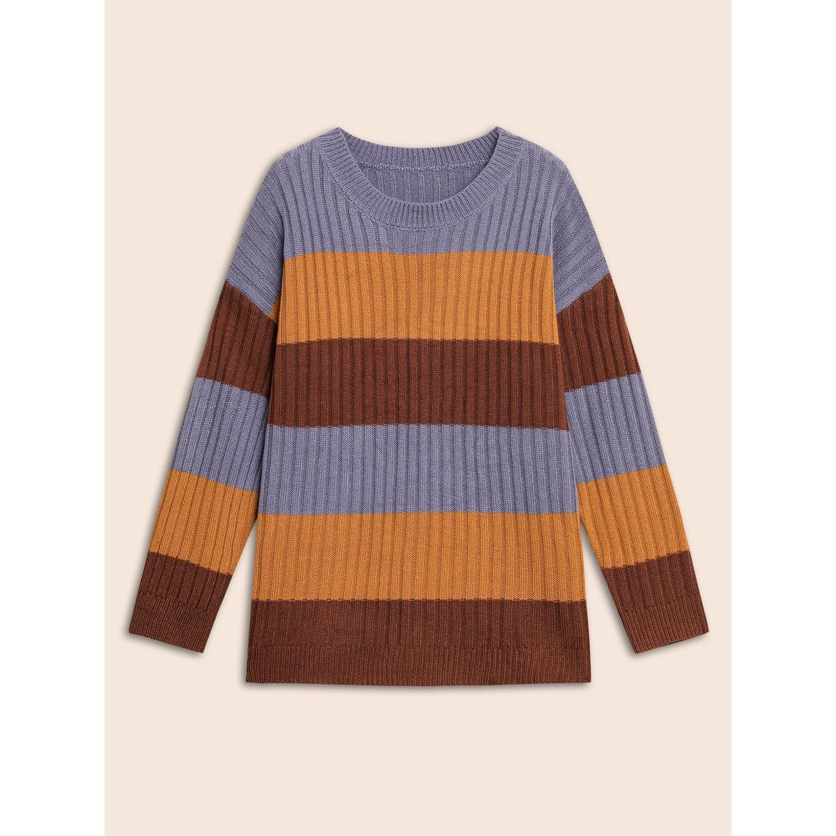 Plus Size Colorblock Contrast Split Hem Pullover Browncoffeecolor Women Casual Loose Long Sleeve Round Neck Everyday Pullovers BloomChic 22-24/3X Product Image