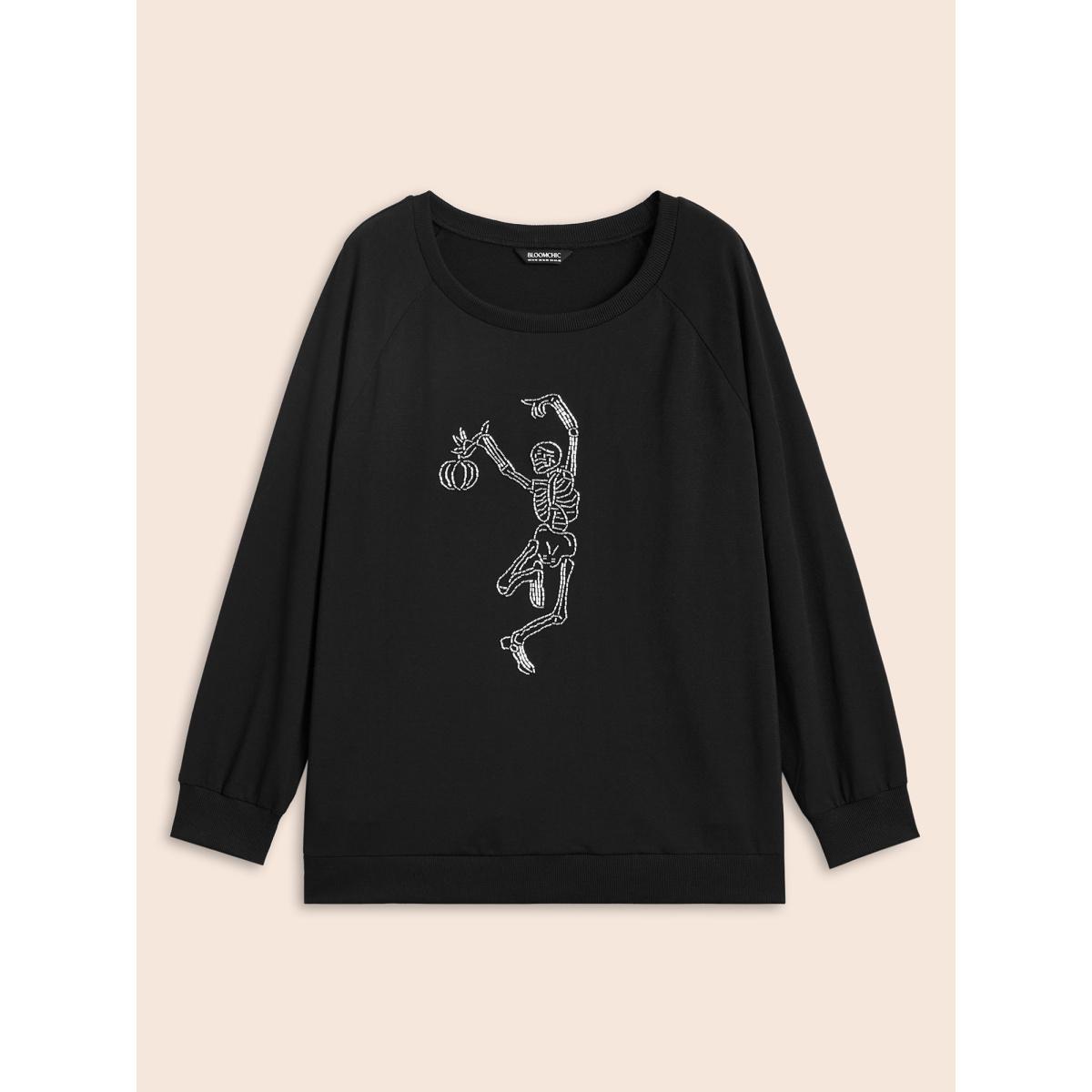 Plus Size Skull Embellished Raglan Sweatshirt Women Black Casual Patchwork Loose Round Neck Everyday Sweatshirts BloomChic 26/4X Product Image