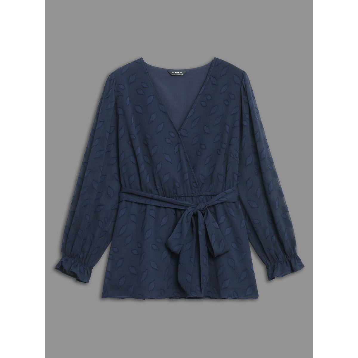 Plus Size Indigo Burn-out Fabric Surplice Neckline Shirt Women Cocktail Long Sleeve Overlap Collar Party Blouses BloomChic 18-20/2X Product Image