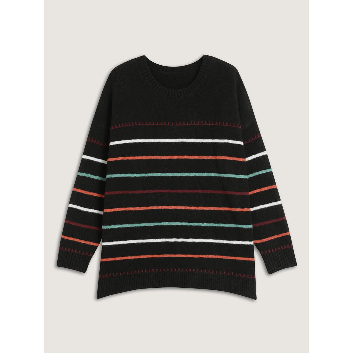 Plus Size Colorful Stripes Crewneck Fitted Pullover Black Women Playful Loose Long Sleeve Round Neck Casual Pullovers BloomChic 10/M Product Image