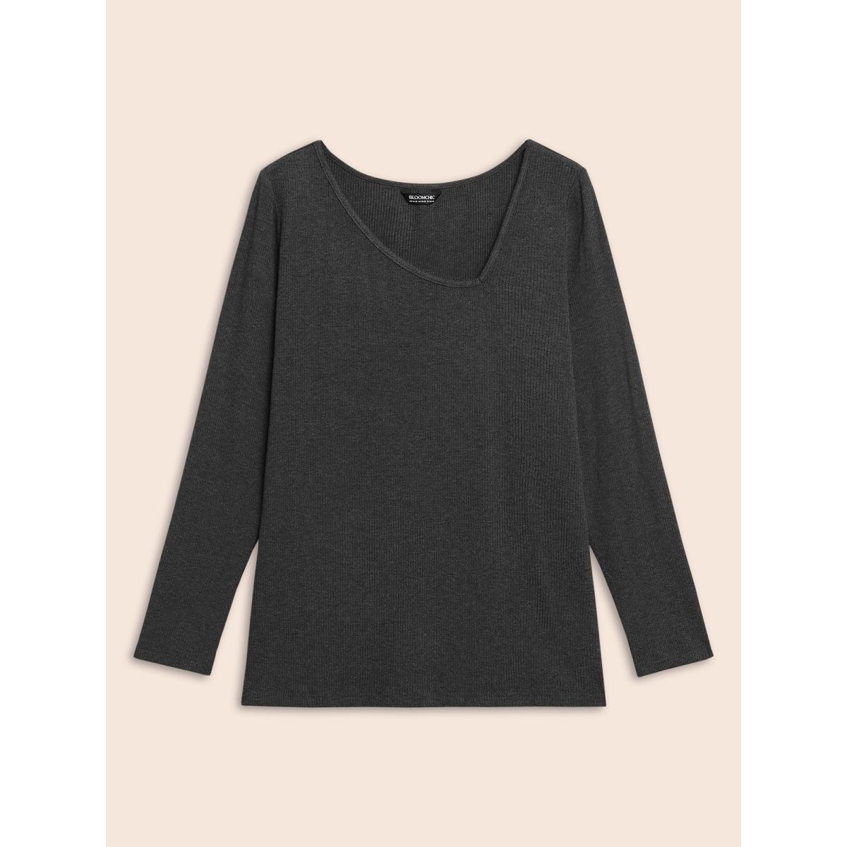 Plus Size Airy Cozy Asymmetrical Neckline T-shirt DimGray Women Casual Texture Asymmetrical Neck Bodycon Everyday T-shirts BloomChic 22-24/3X Product Image