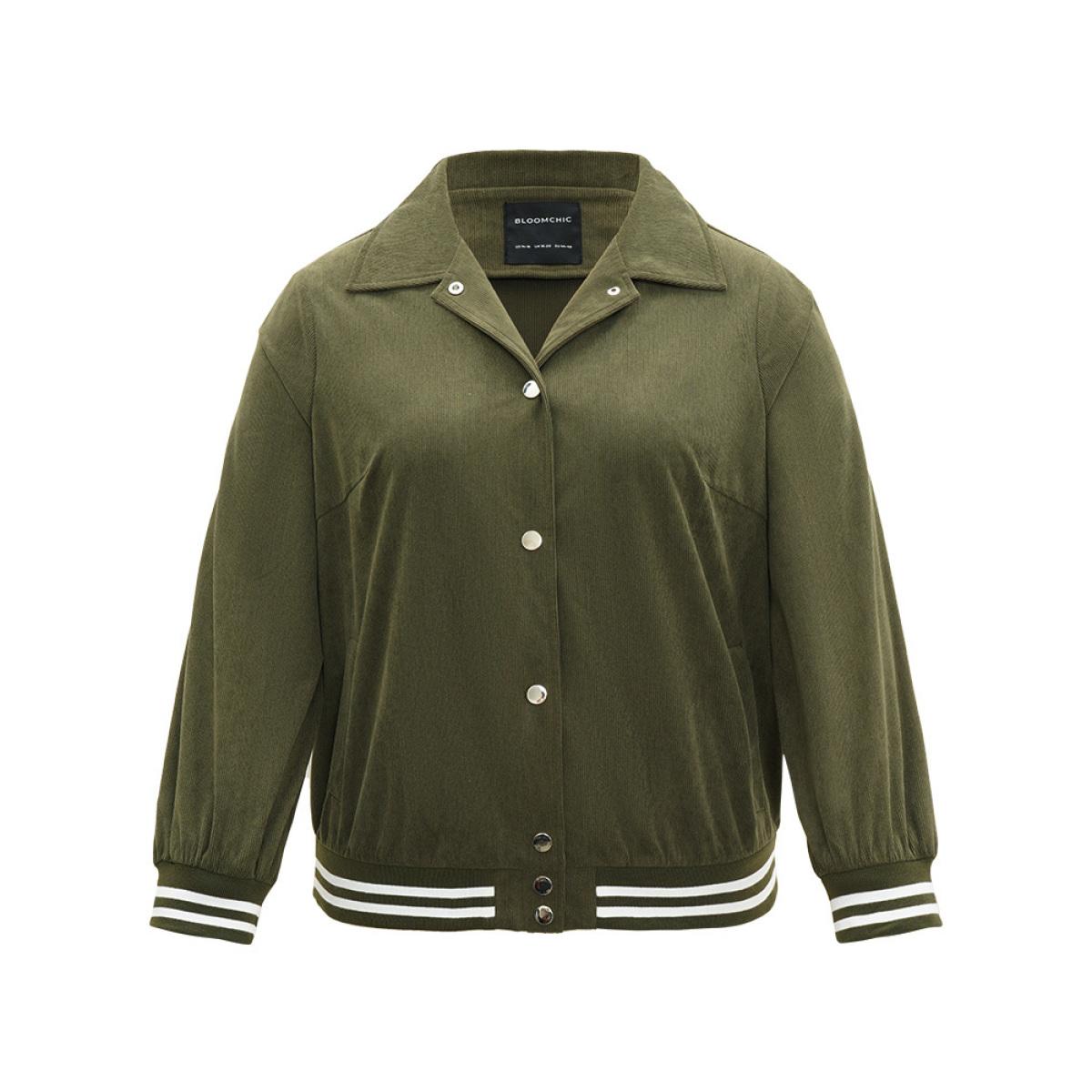 Plus Size Corduroy Striped Trim Button Up Jacket Women ArmyGreen Elastic cuffs Pocket Dailywear Jackets BloomChic 14-16/1X Product Image