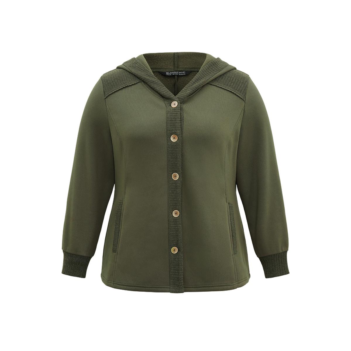 Plus Size Patchwork Rib Knit Hooded Button Up Jacket Women ArmyGreen Rib Knit Pocket Dailywear Jackets BloomChic 10/M Product Image