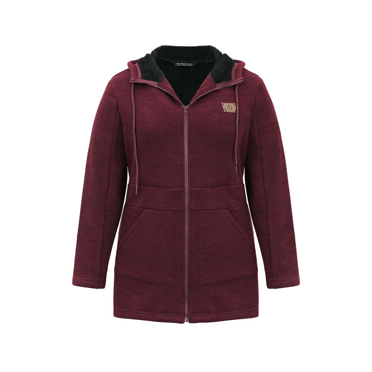 Plus Size Patchwork Contrast Zipper Drawstring Fuzzy Trim Jacket Women Burgundy Contrast Pocket Dailywear Jackets BloomChic 10/M Product Image