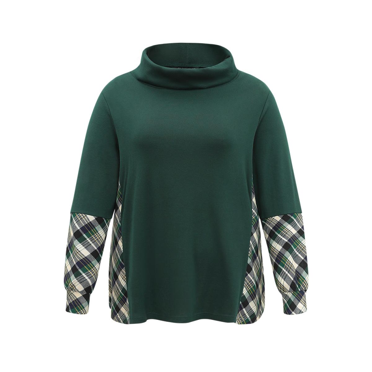 Plus Size Mock Neck Plaid Patchwork Knit T-shirt DarkGreen Women Casual Patchwork Plaid Mock Neck Dailywear T-shirts BloomChic 10/M Product Image