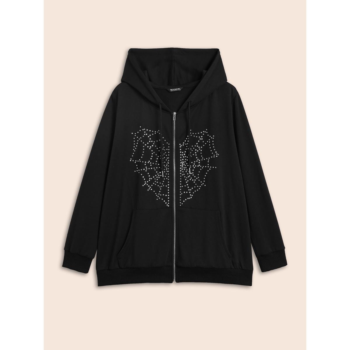 Plus Size Diamond Embellished Spiderweb Zipper Sweatshirt Women Black Casual Rhinestone detailing Loose Hooded Everyday Sweatshirts BloomChic 26/4X Product Image