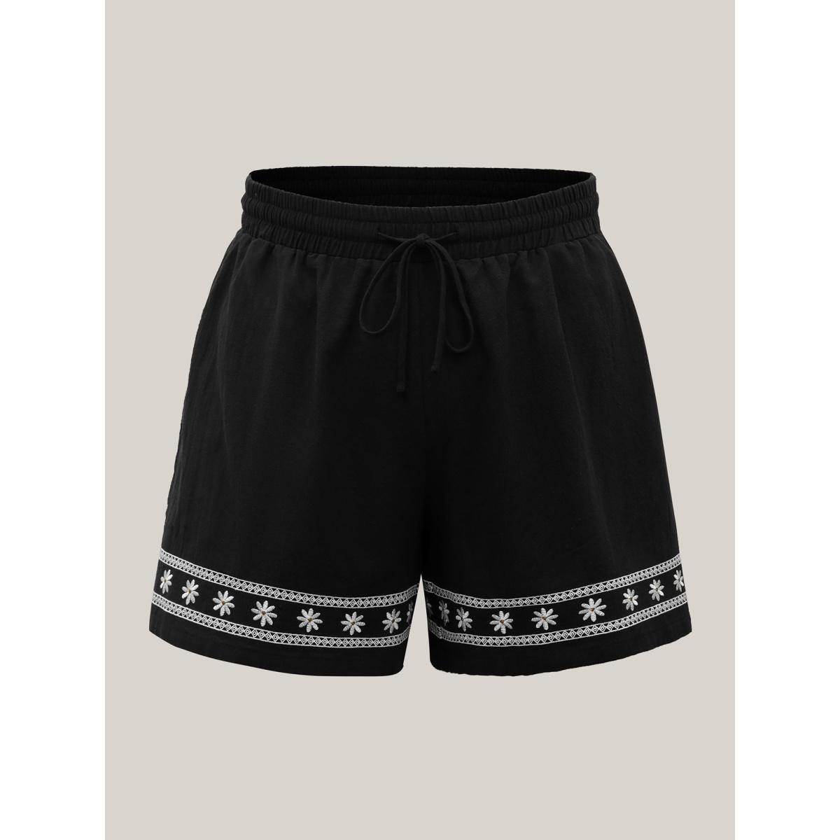 Plus Size Cotton Embroidery Waist-Tie Straight-Fit Shorts Women Black Boho Embroidered Vacation Shorts BloomChic 10/M Product Image