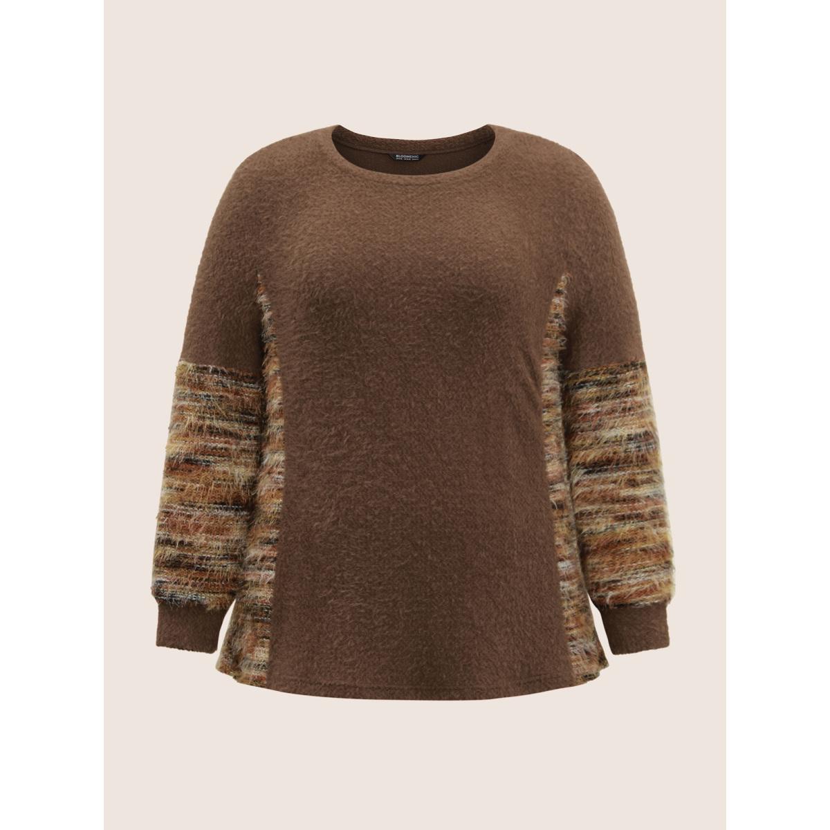 Plus Size Round Neck Patchwork Heather Fluffy Sweatshirt Women DarkBrown Casual Texture Round Neck Dailywear Sweatshirts BloomChic 30/6X Product Image