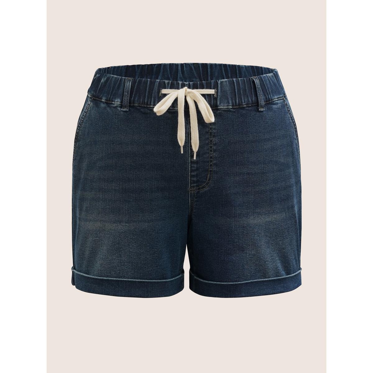 Plus Size Dark Wash Drawstring Roll Hem Denim Shorts Women Denimblue Roll Hem High stretch Everyday Slanted pocket Casual Denim Shorts BloomChic 28/5X Product Image