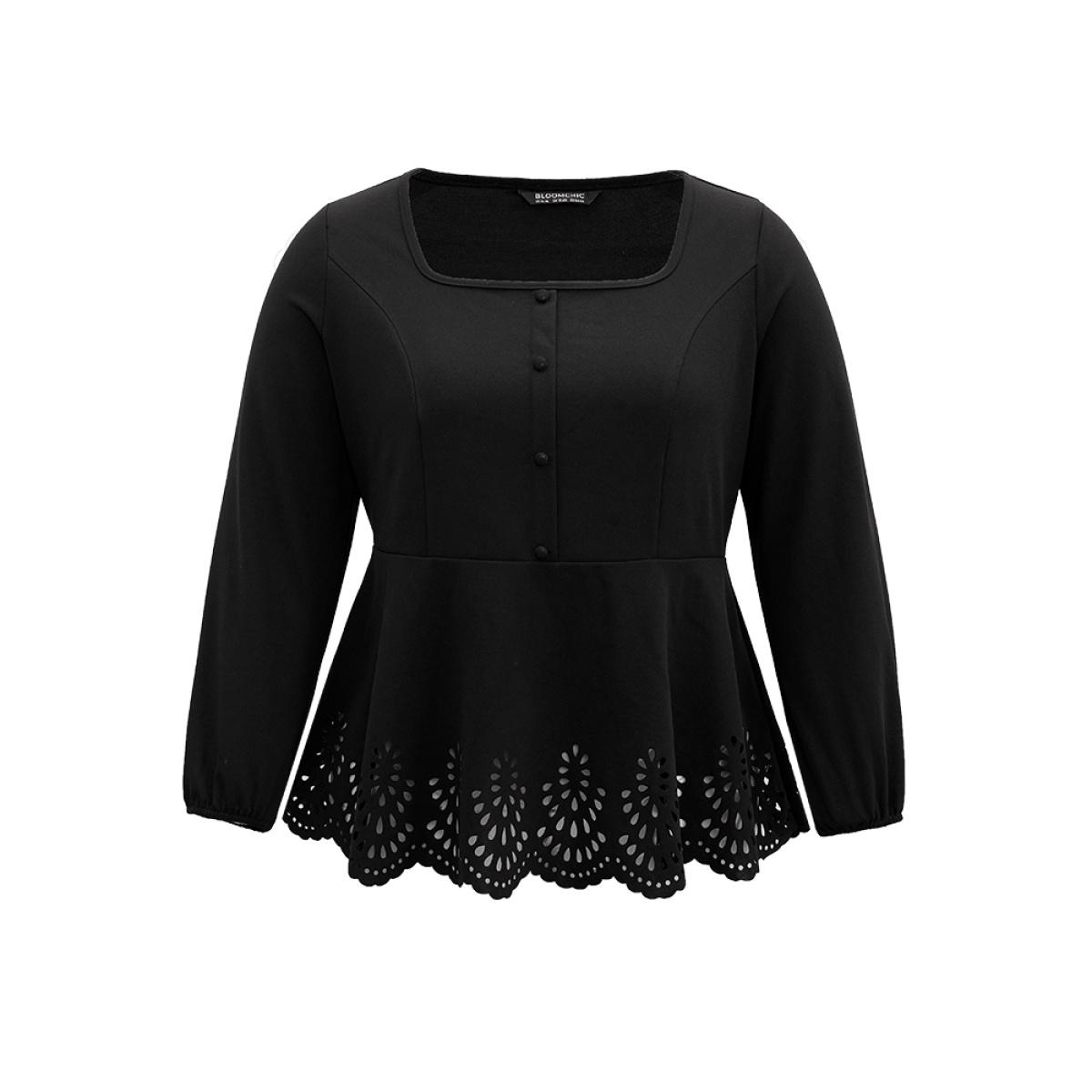 Plus Size Black Plain Laser Cut Button Detail Blouse Women Elegant Long Sleeve Square Neck Dailywear Blouses BloomChic 30/6X Product Image
