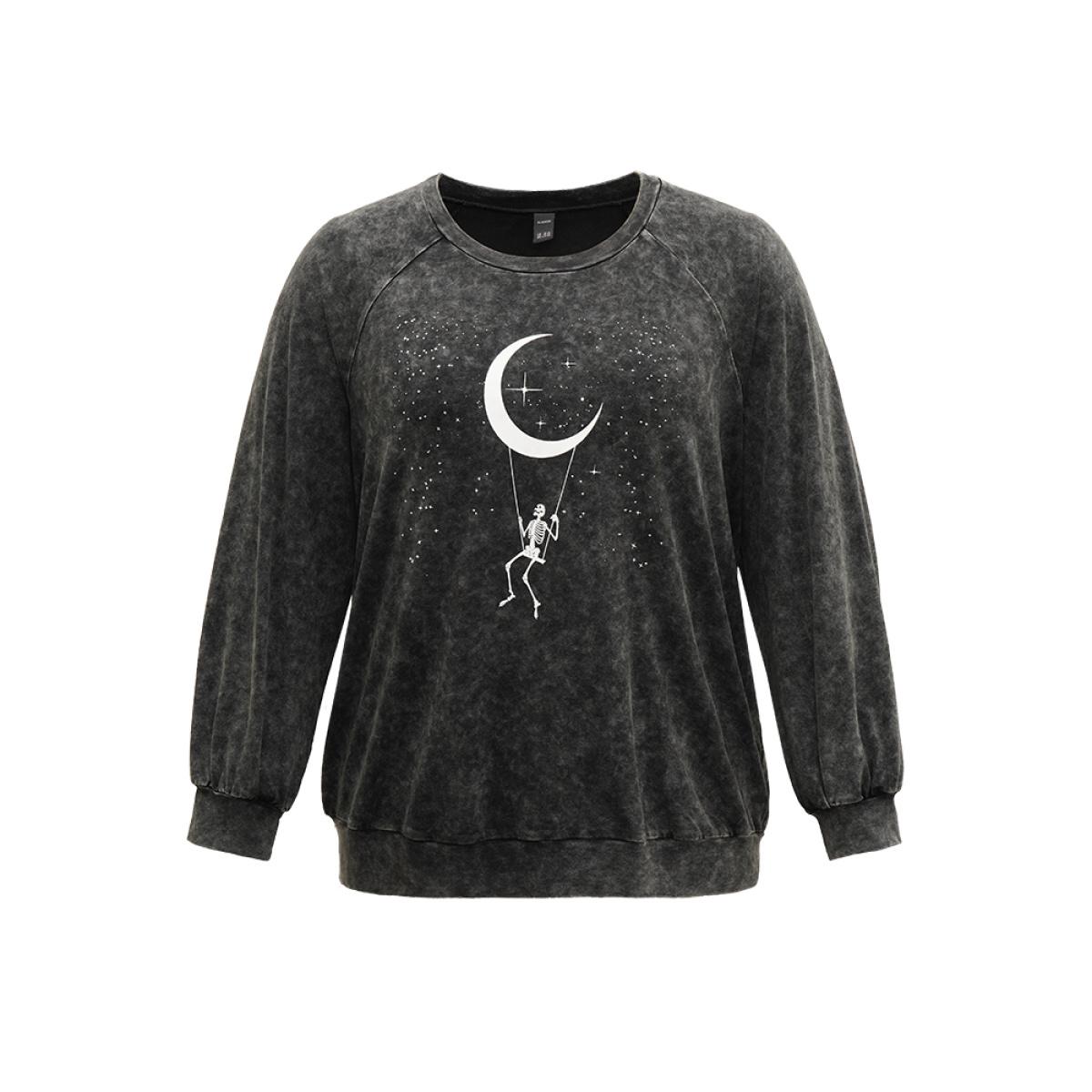 Plus Size Halloween Moon & Star Print Raglan Sleeve Sweatshirt Women Black Casual Printed Festival-Halloween Sweatshirts BloomChic 14-16/1X Product Image