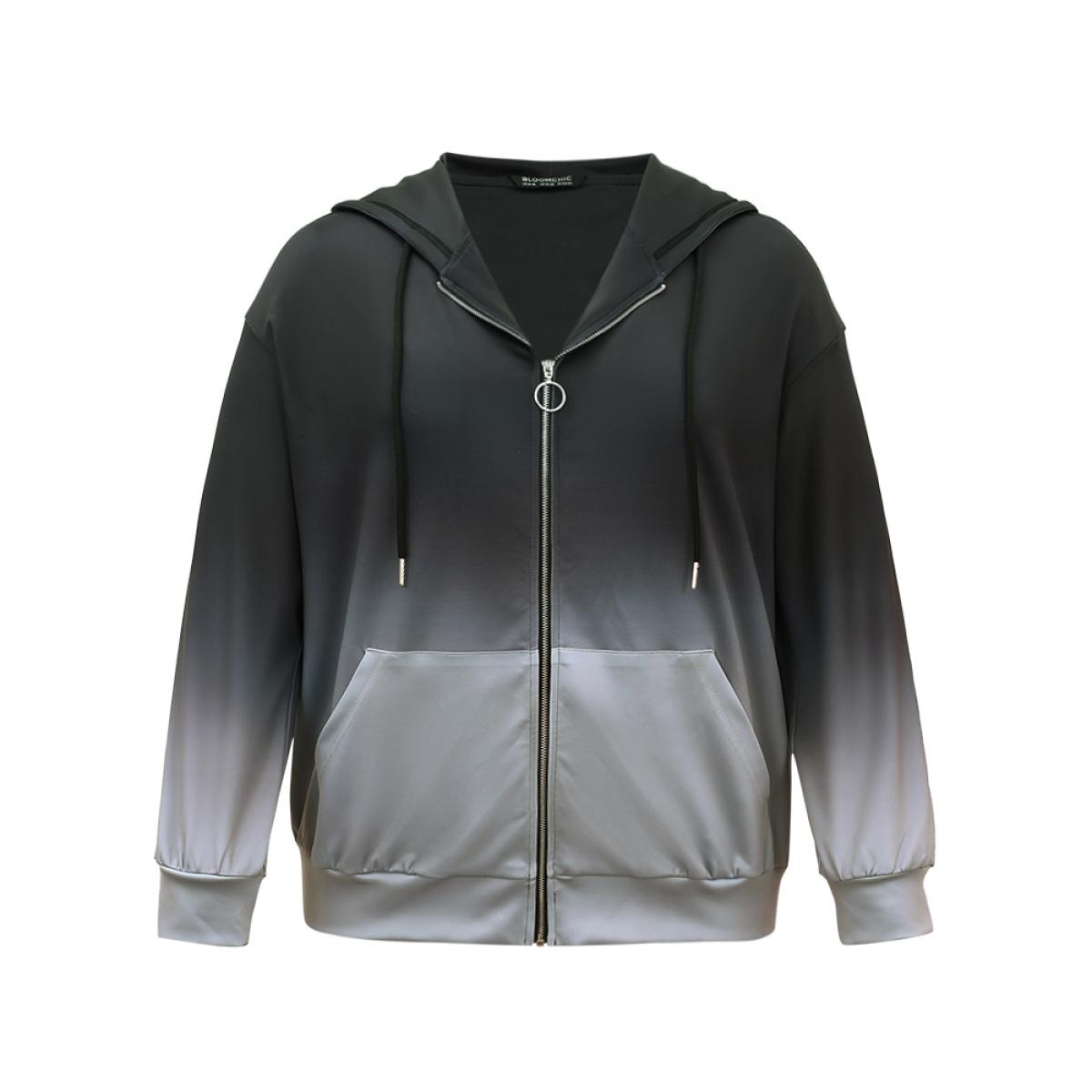 Plus Size Ombre Contrast Zipper Pocket Drawstring Jacket Women Gray Contrast Pocket Dailywear Jackets BloomChic 18-20/2X Product Image
