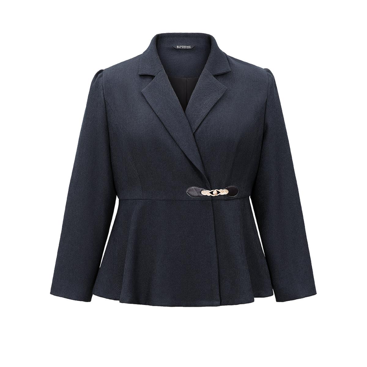 Plus Size Suit Collar Plain Buckle Detail Tweed Blazer Midnight Women Dailywear Plain Lined Sleeve Long Sleeve Suit Collar 28/5X Elegant Blazers BloomChic Product Image
