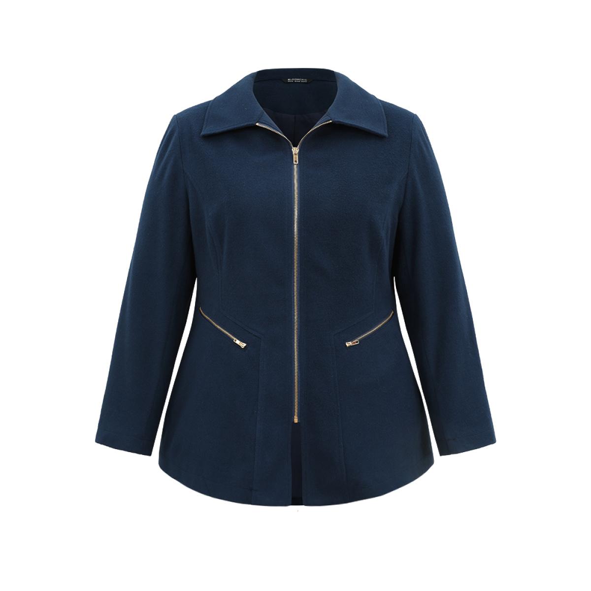 Plus Size Plain Pocket Lapel Collar Zipper Coat Women Indigo Work From Home Lined Ladies Office Winter Coats BloomChic 30/6X Product Image