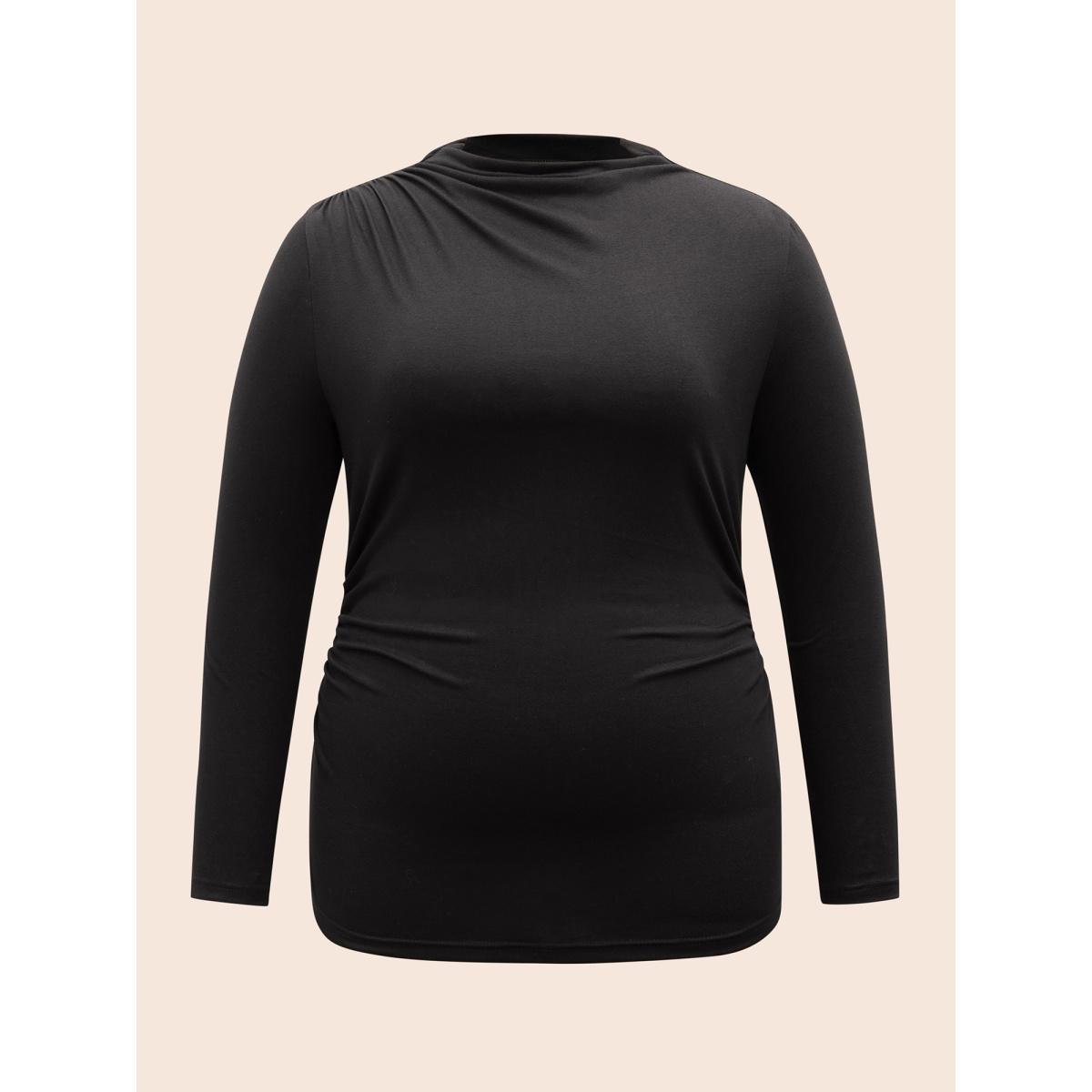 Plus Size Supersoft Essentials Mock Neck Ruched T-shirt Black Women Casual Gathered Mock Neck Skinny Everyday T-shirts BloomChic 22-24/3X Product Image