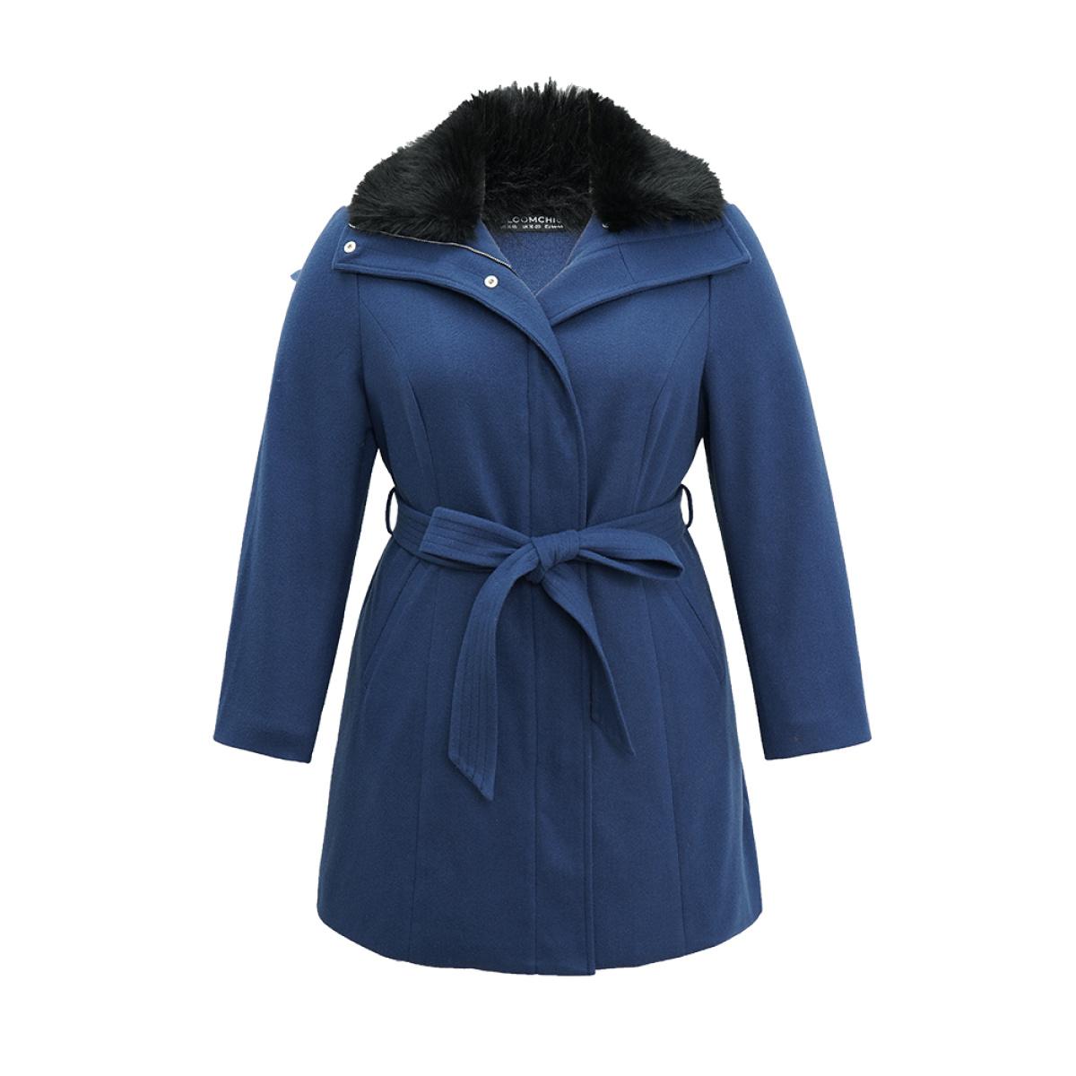 Plus Size Plain Fuzzy Trim Zipper Belted Coat Women DarkBlue Casual Lined Ladies Dailywear Winter Coats BloomChic 30/6X Product Image