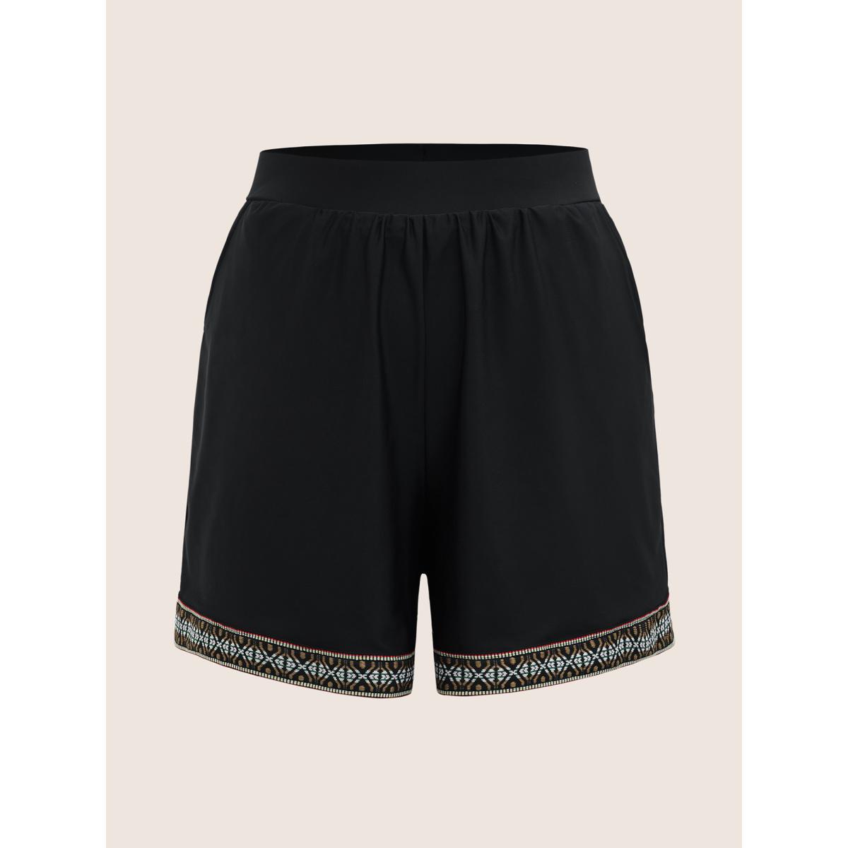 Plus Size Contrast Webbing Elastic Waist Pocket Swim Bottom Women's Swimwear Black Beach Woven ribbon&lace trim High stretch Bodycon High Rise Side seam pocket Curve Swim Bottoms BloomChic 14-16/1X Product Image