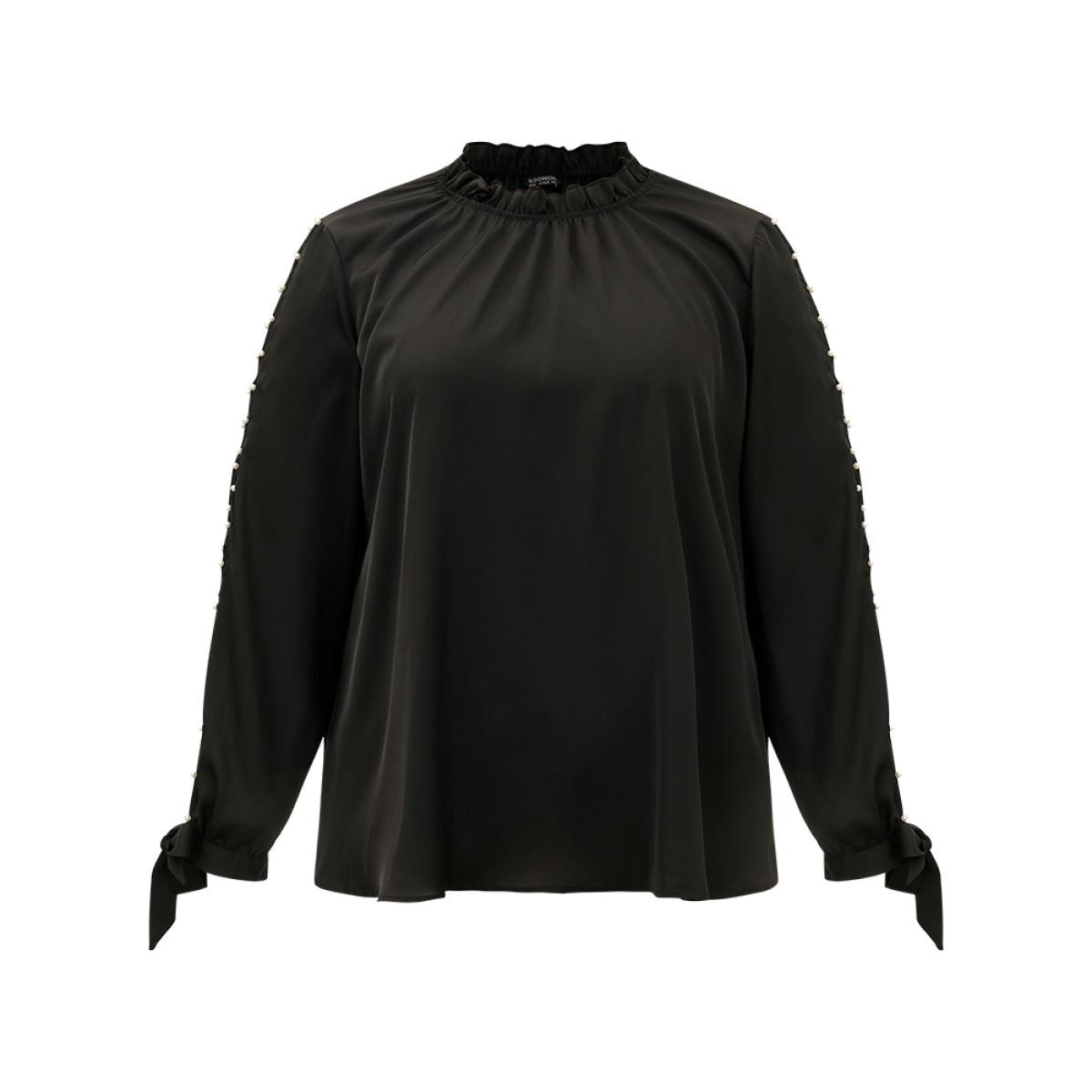 Plus Size Black Anti-Wrinkle Pearl Beaded Ties Cut Out Blouse Women Office Long Sleeve Halter neck Office Blouses BloomChic 18-20/2X Product Image