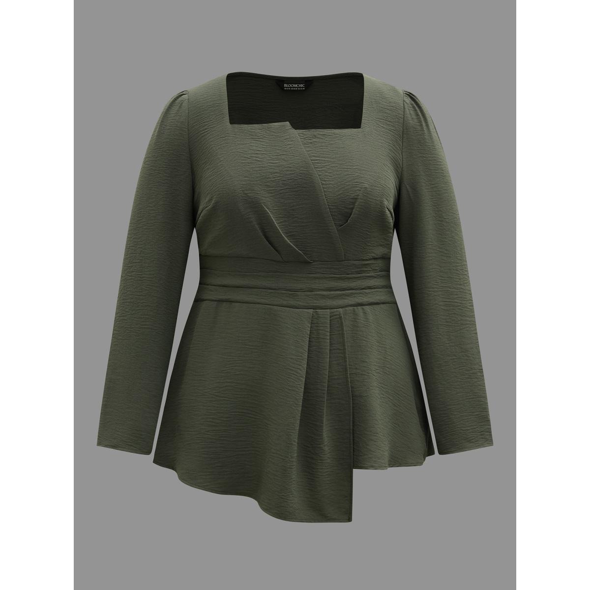 Plus Size ArmyGreen Asymmetrical Neckline Stretchy Waist Plicated Detail Blouse Women Elegant Extra Long Sleeve Asymmetrical Neck Everyday Blouses BloomChic 30/6X Product Image