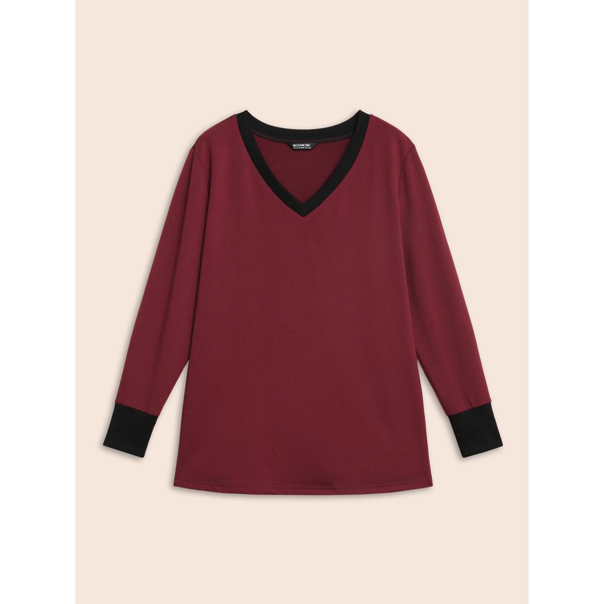 Plus Size V Neck Contrast Patchwork Sweatshirt Women Deepred Casual Contrast V-neck Everyday Sweatshirts BloomChic 18-20/2X Product Image