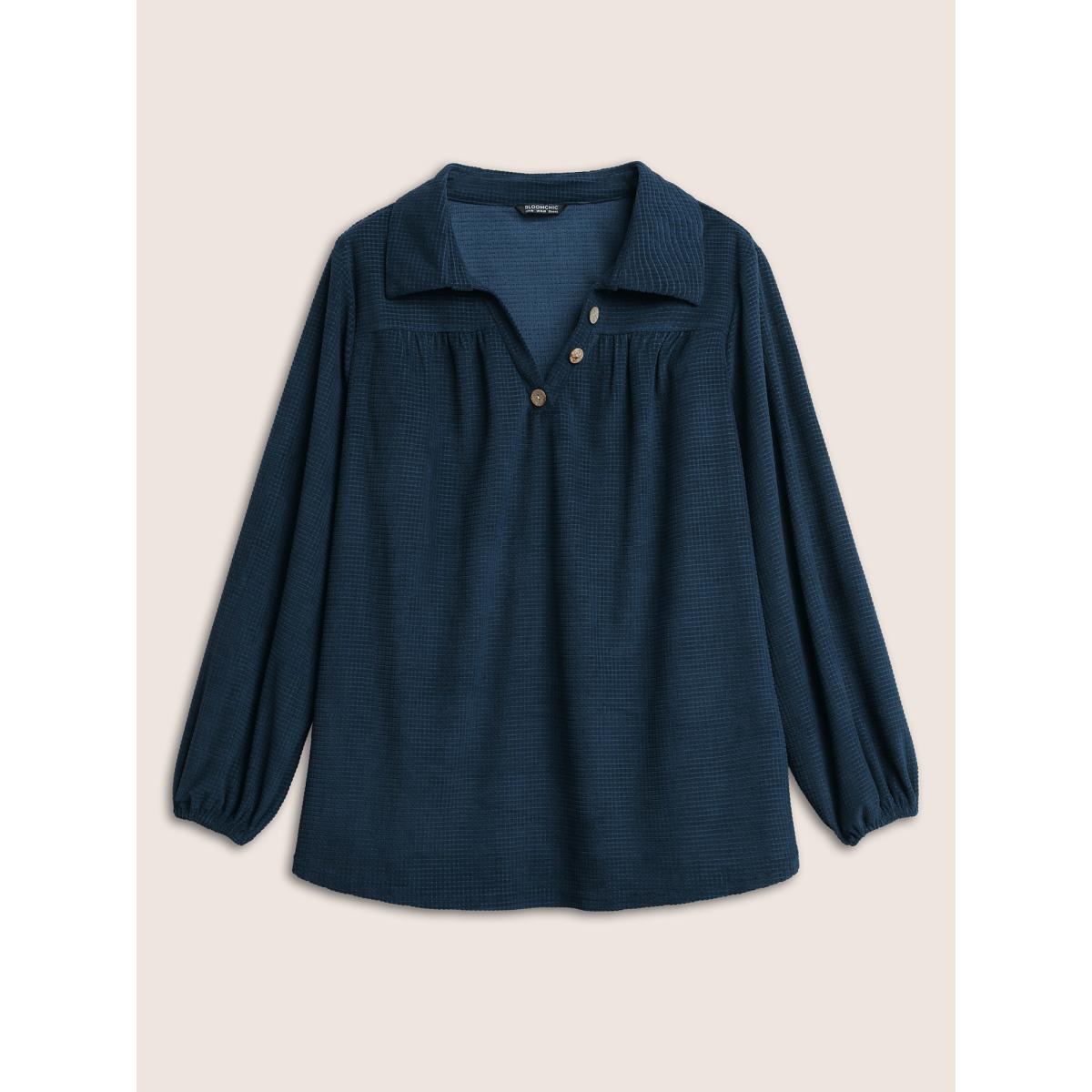 Plus Size Plain Waffle Knit Gathered Button Detail T-shirt Blue Women Casual Texture Plain Polo Everyday T-shirts BloomChic 14-16/1X Product Image
