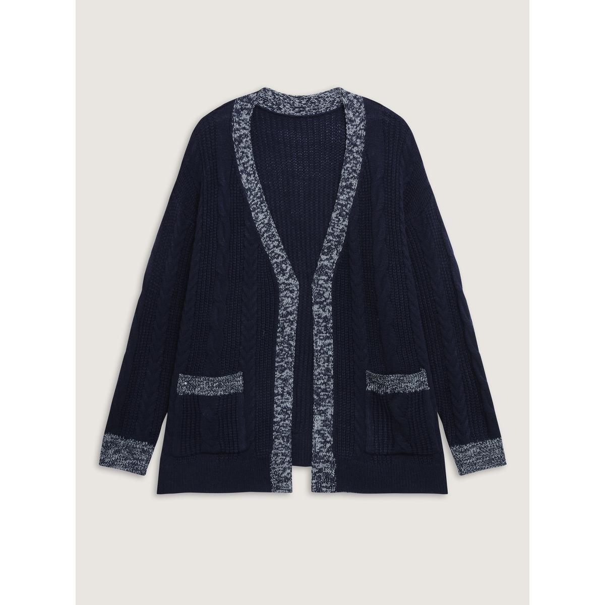 Plus Size Mixed-Yarn Color Contrast Pockets Knit Cardigan Indigo Women Leisure Loose Long Sleeve Casual Cardigans BloomChic 18-20/2X Product Image