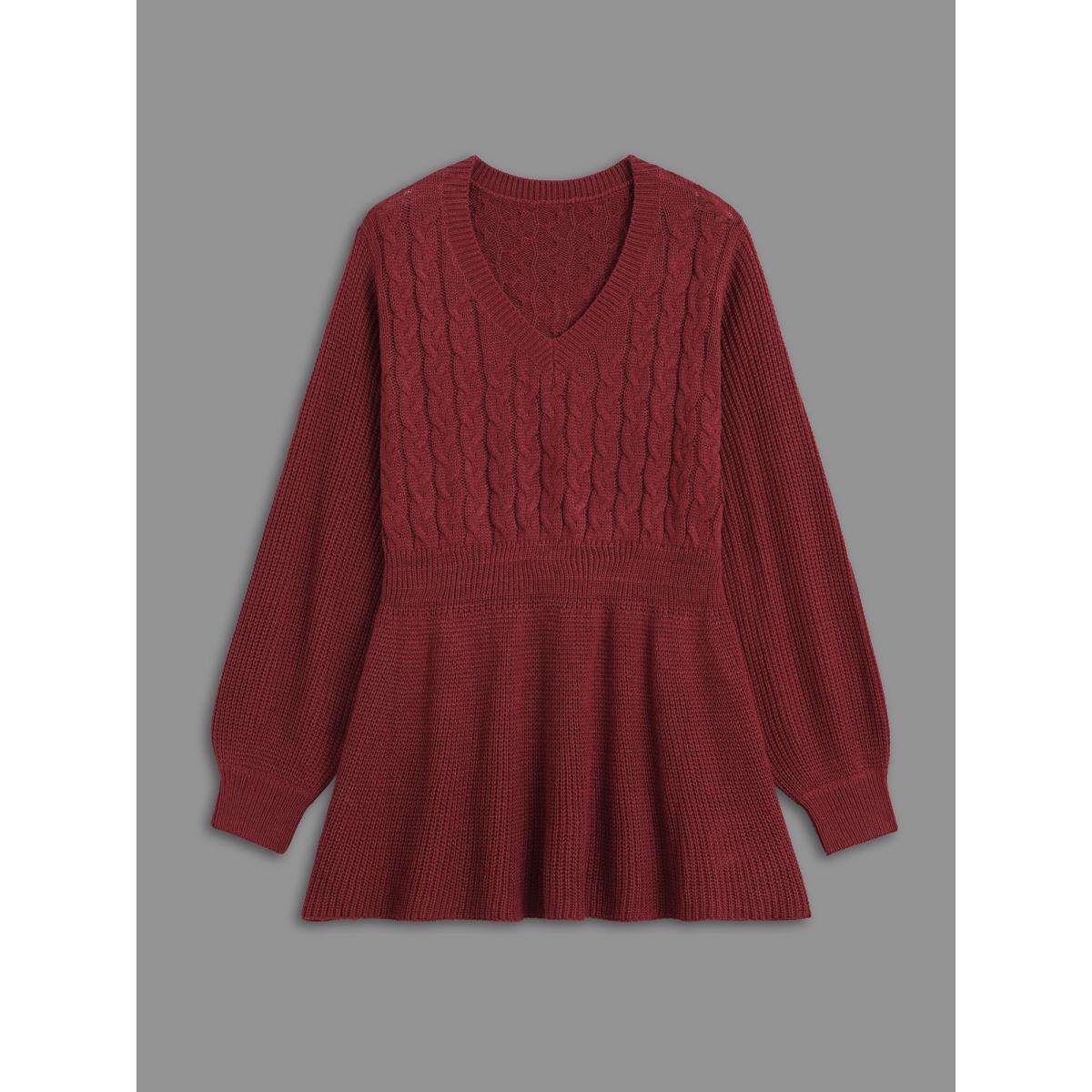 Plus Size V Neck Texture Cable Knit Pullover Burgundy Women Timeless Bodycon Long Sleeve V-neck Elegant Pullovers BloomChic 18-20/2X Product Image