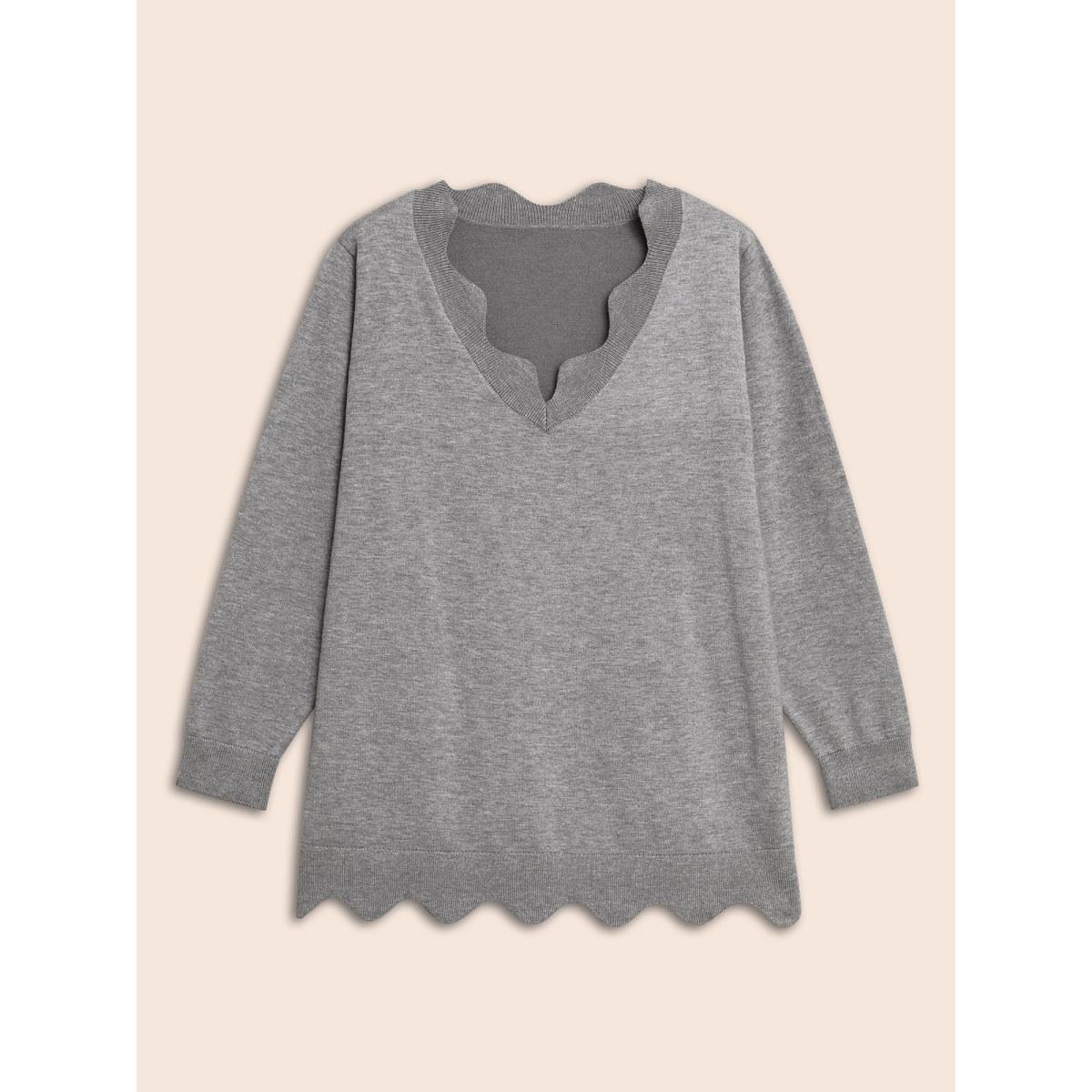Plus Size Supersoft Essentials Scalloped Trim Split Hem Pullover Mediumgray Women Casual Long Sleeve V-neck Everyday Pullovers BloomChic 26/4X Product Image