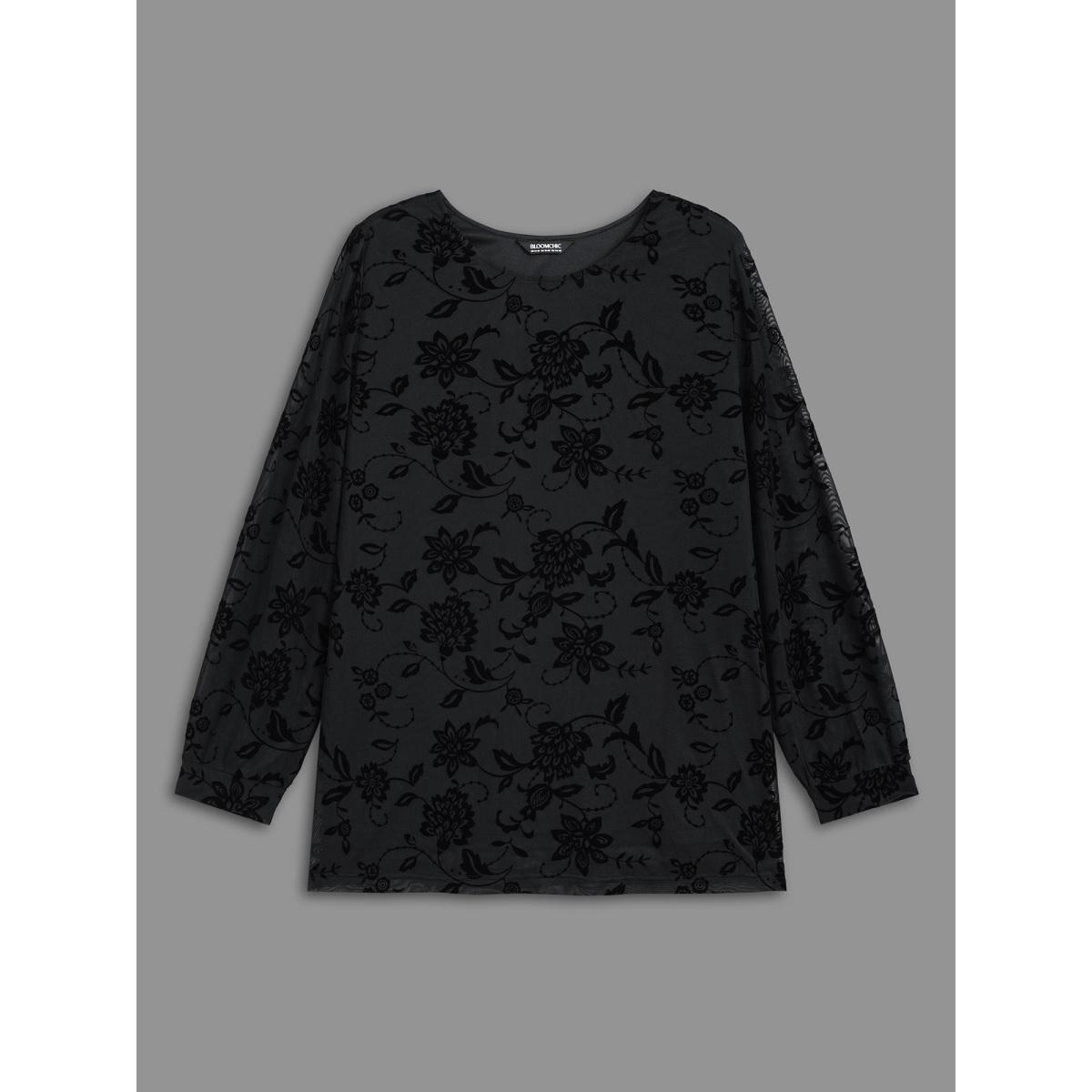 Plus Size Black Floral Flocking Sheer Sleeve Lined Knit Top Women Elegant Long Sleeve Round Neck Everyday Blouses BloomChic 14-16/1X Product Image