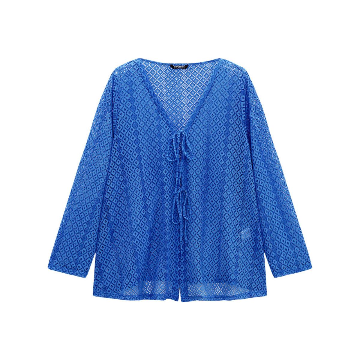 Plus Size Plain Knot Lace Mesh Hollow Out Jacket Women Blue Plain Dailywear Jackets BloomChic 12/L Product Image