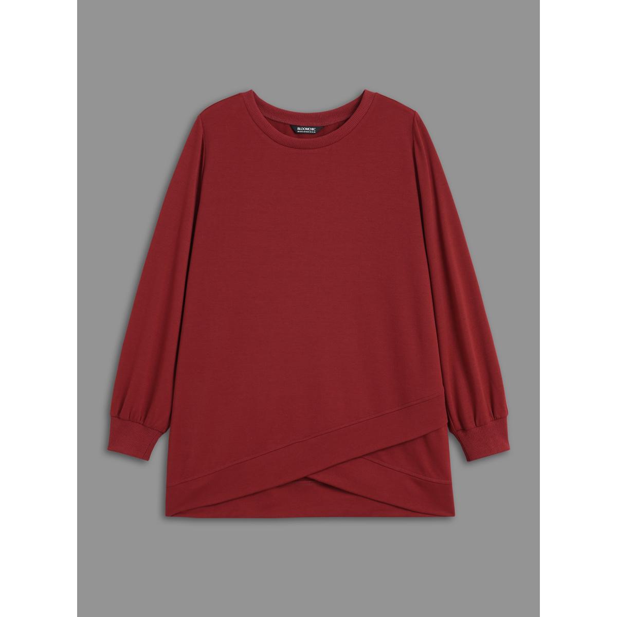 Plus Size Overlapping Hem Round Neck Sweatshirt Women Burgundy Casual Overlapping Round Neck Everyday Sweatshirts BloomChic 30/6X Product Image