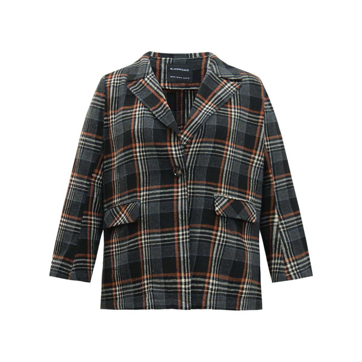 Plus Size Plaid Contrast Pocket Button Up Blazer Women Black Casual Contrast Ladies Dailywear Winter Coats BloomChic 18-20/2X Product Image