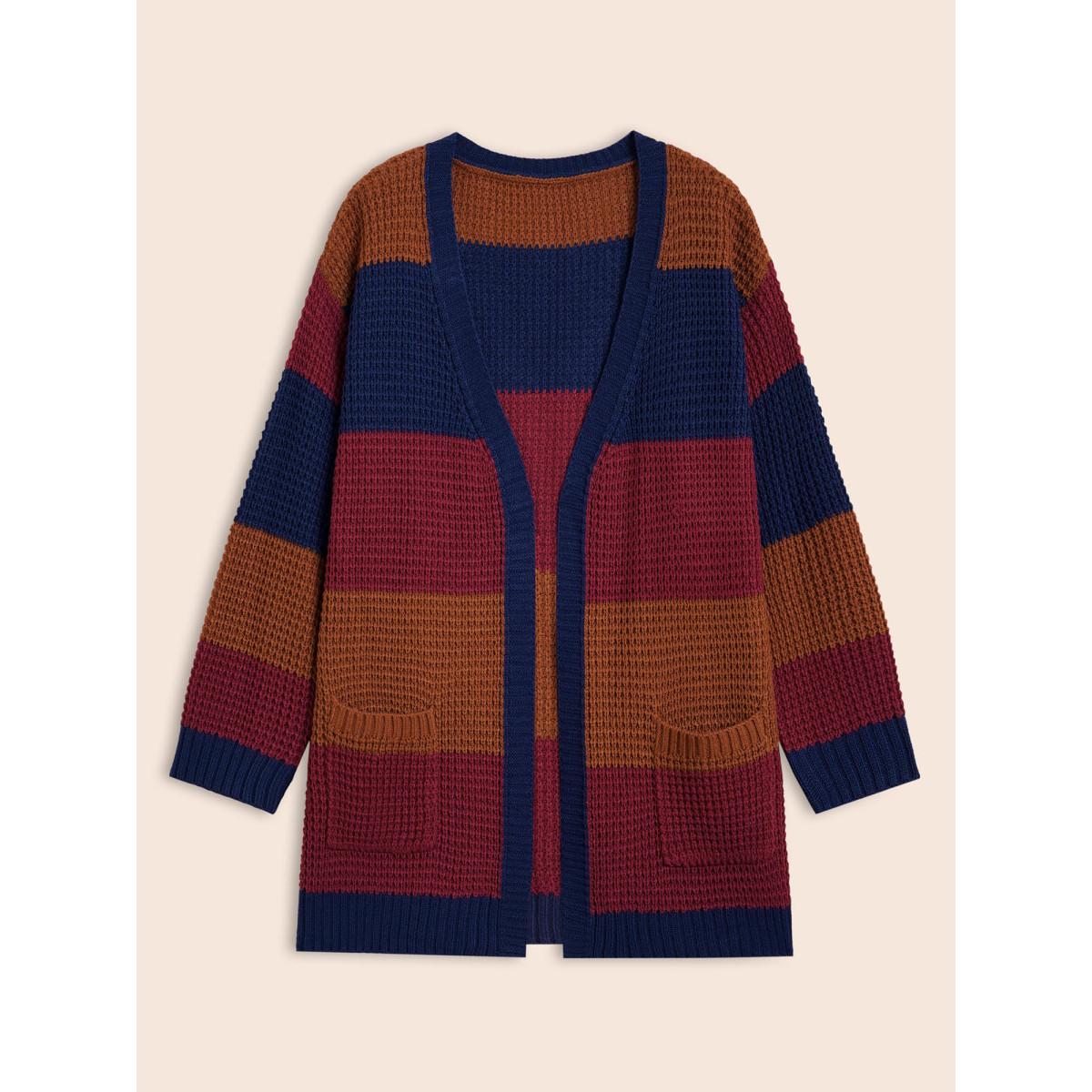 Plus Size Colorblock Contrast Patch Pocket Cardigan Multicolor Women Casual Loose Long Sleeve Everyday Cardigans BloomChic 12/L Product Image