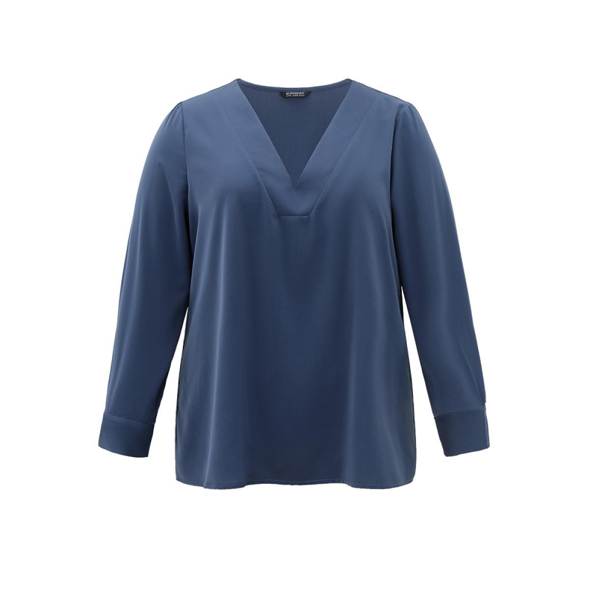 Plus Size Indigo Solid V Neck Button Up Pleated Blouse Women Office Long Sleeve V-neck Office Blouses BloomChic 14-16/1X Product Image