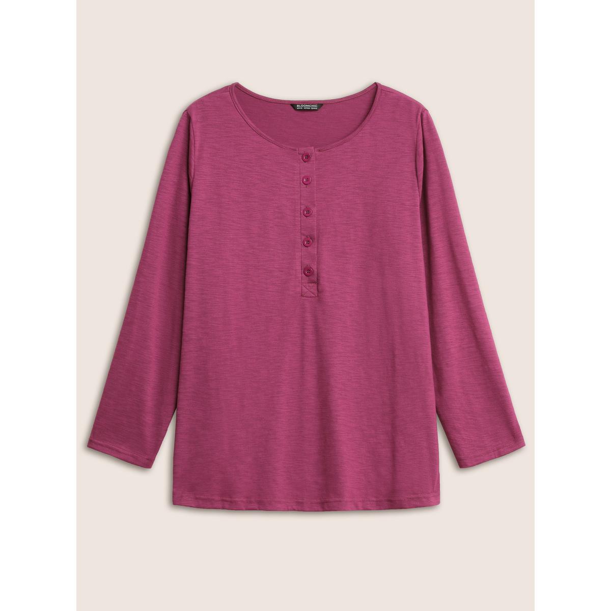 Plus Size Solid Heather Button Up T-shirt RedViolet Women Casual Non Plain Round Neck Everyday T-shirts BloomChic 14-16/1X Product Image