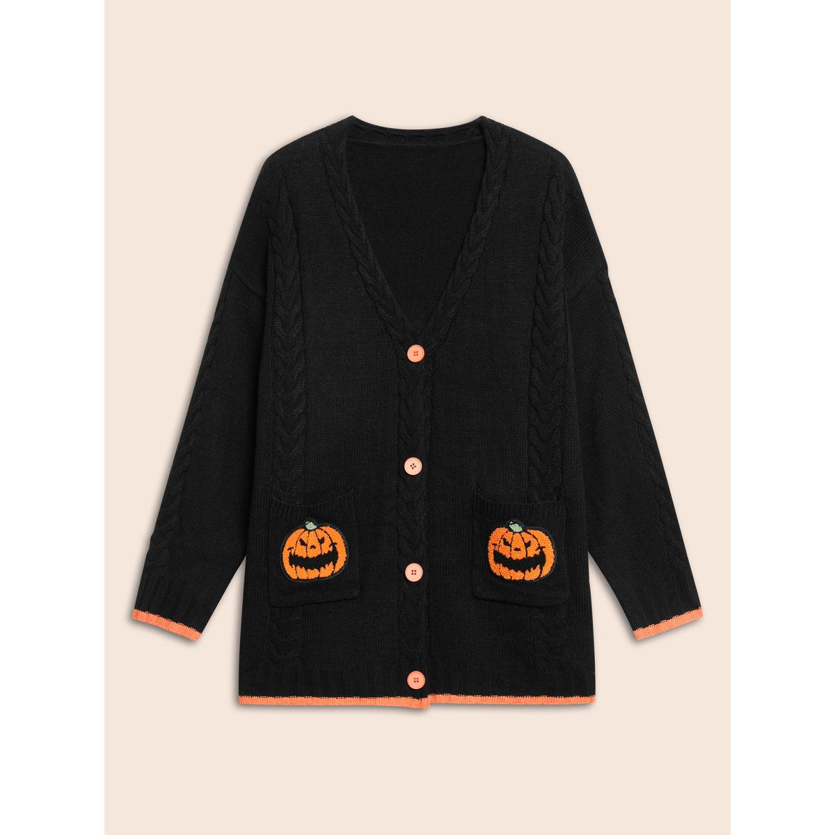 Plus Size Pumpkin Pocket Embroidered Contrasting Cardigan - For Halloween Black Women Casual Loose Long Sleeve Everyday Cardigans BloomChic 14-16/1X Product Image