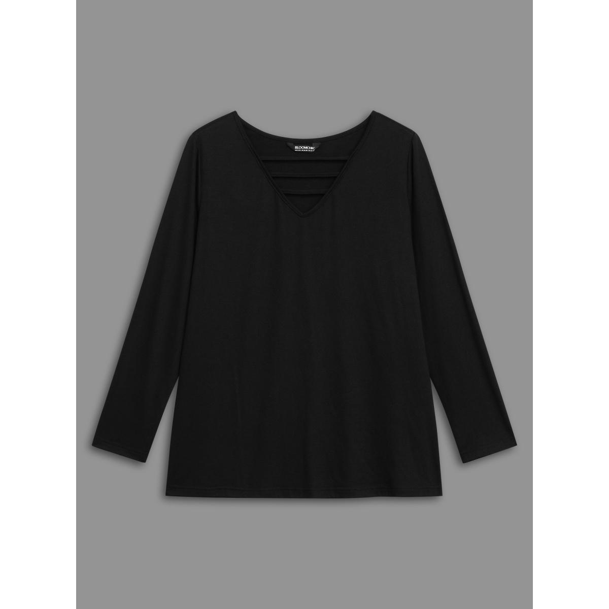 Plus Size V-neck Cut Out Straight Fit Tee Black Women Casual Cut-Out V-neck Everyday T-shirts BloomChic 14-16/1X Product Image