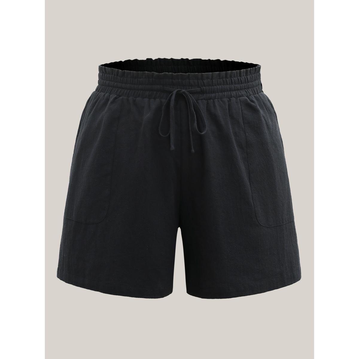 Plus Size Drawstring Waist Pockets Straight-Leg Shorts Women Black Casual Drawstring Straight Leg Casual Shorts BloomChic 22-24/3X Product Image