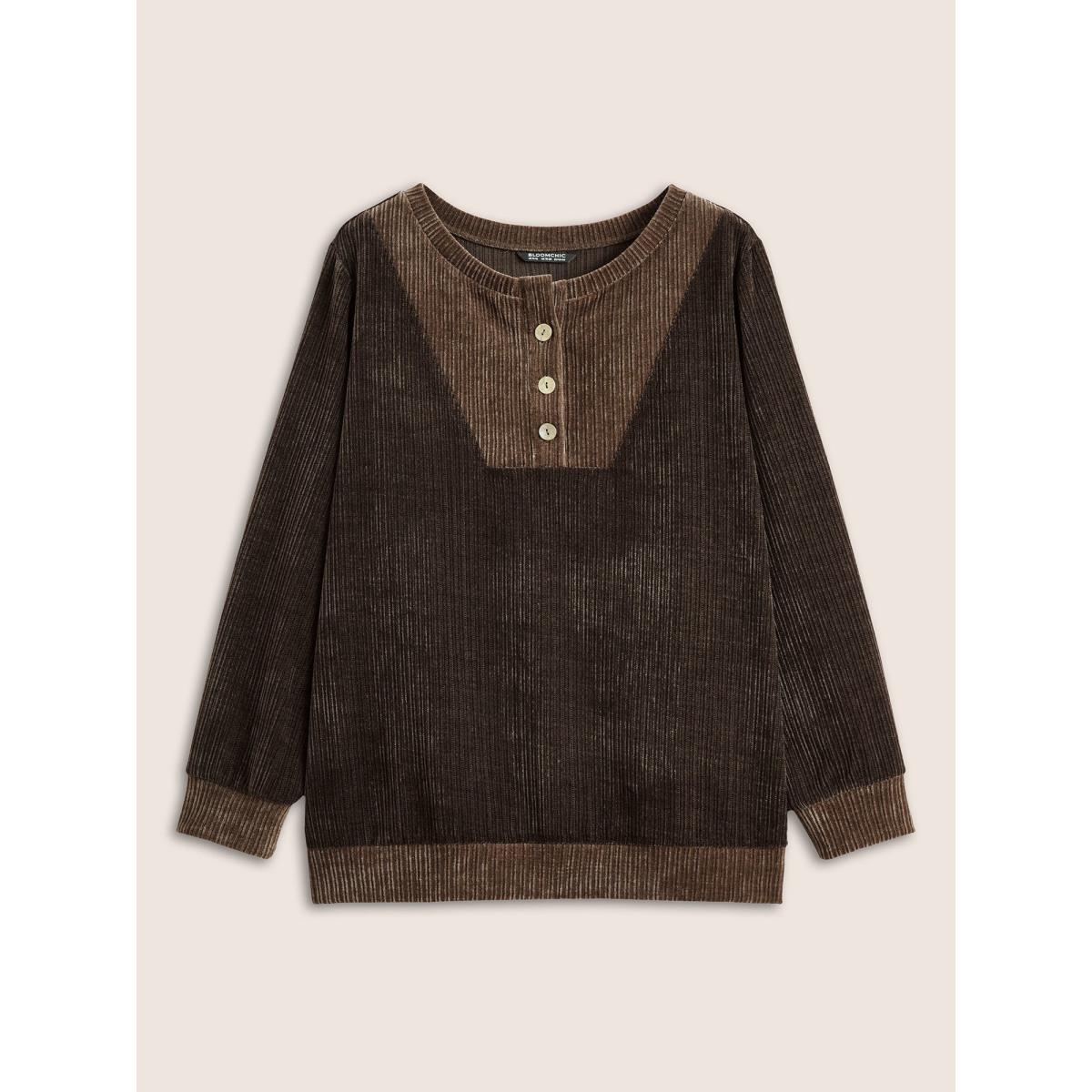 Plus Size Chenille Plisse Patchwork Button Detail Sweatshirt Women DarkBrown Casual Texture Round Neck Everyday Sweatshirts BloomChic 30/6X Product Image