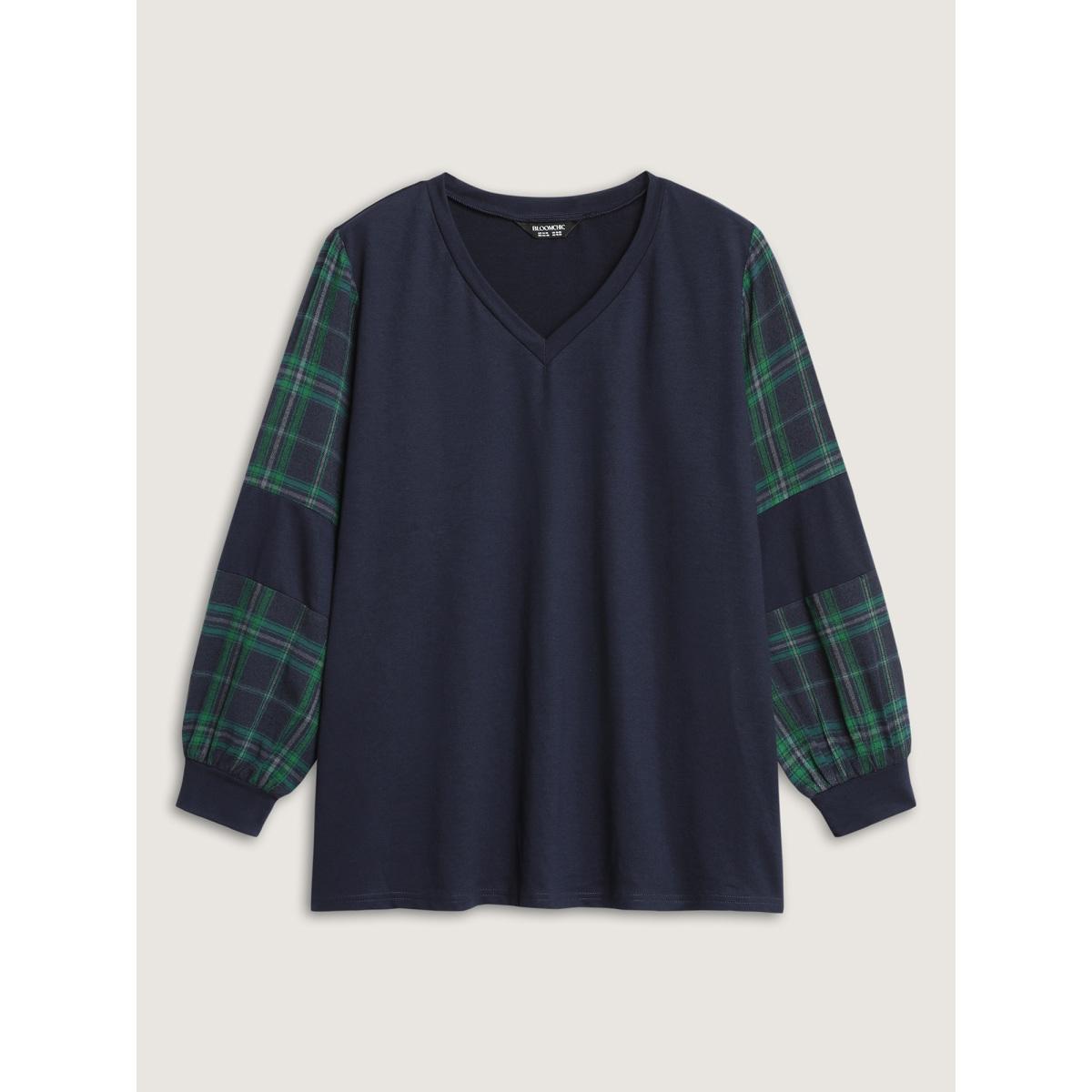 Plus Size Plaid Sleeve Color Contrast Sweatshirt Women Indigo Contrast Loose V-neck Casual Sweatshirts BloomChic 18-20/2X Product Image