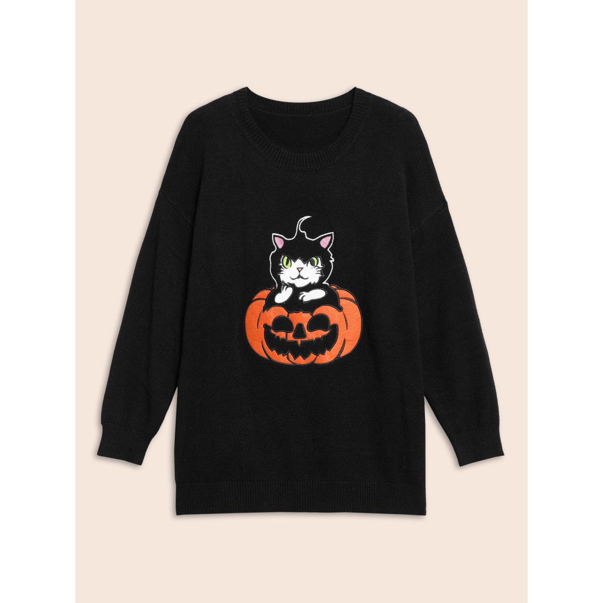 Plus Size Embroidered Cat In Pumpkin Crew Neck Pullover Black Women Casual Long Sleeve Round Neck Everyday Pullovers BloomChic 18-20/2X Product Image