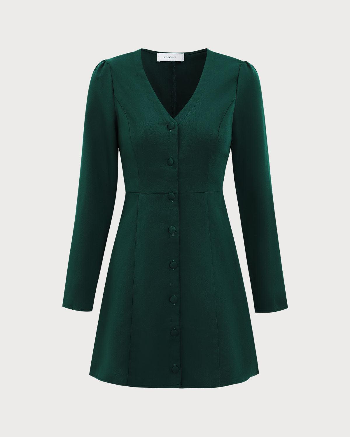 The Green V Neck Button Shirt Mini Dress Product Image