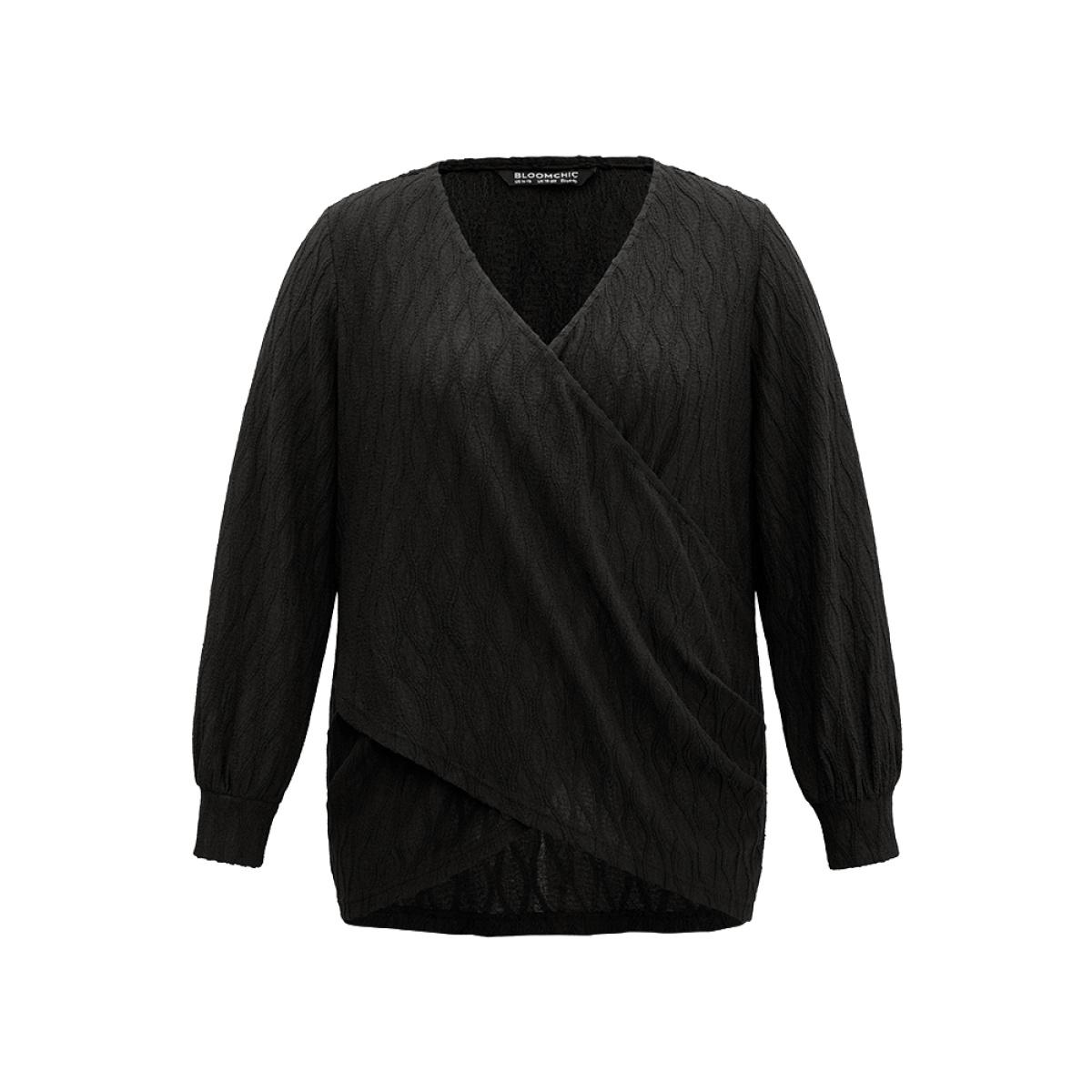 Plus Size Black Solid Jacquard Overlap Collar Crossover Blouse Women Casual Long Sleeve Overlap Collar Dailywear Blouses BloomChic 18-20/2X Product Image