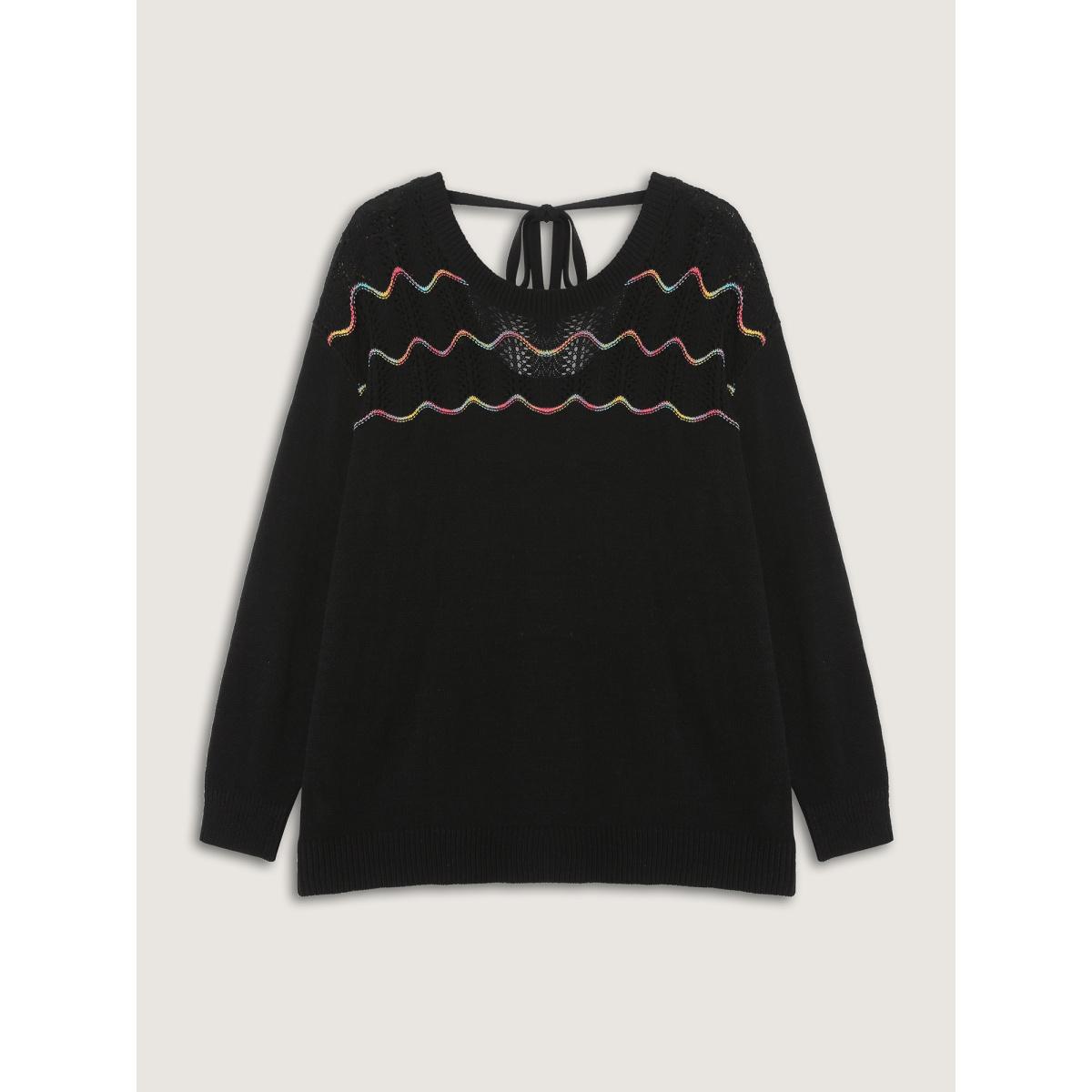 Plus Size Ripple Textured Sheer Neck Backless Pullover Black Women Playful Loose Long Sleeve Round Neck Casual Pullovers BloomChic 22-24/3X Product Image